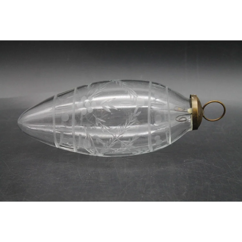 Vintage Etched Clear Glass Christmas Teardrop Ornament Brass Cap 7.5 Inch